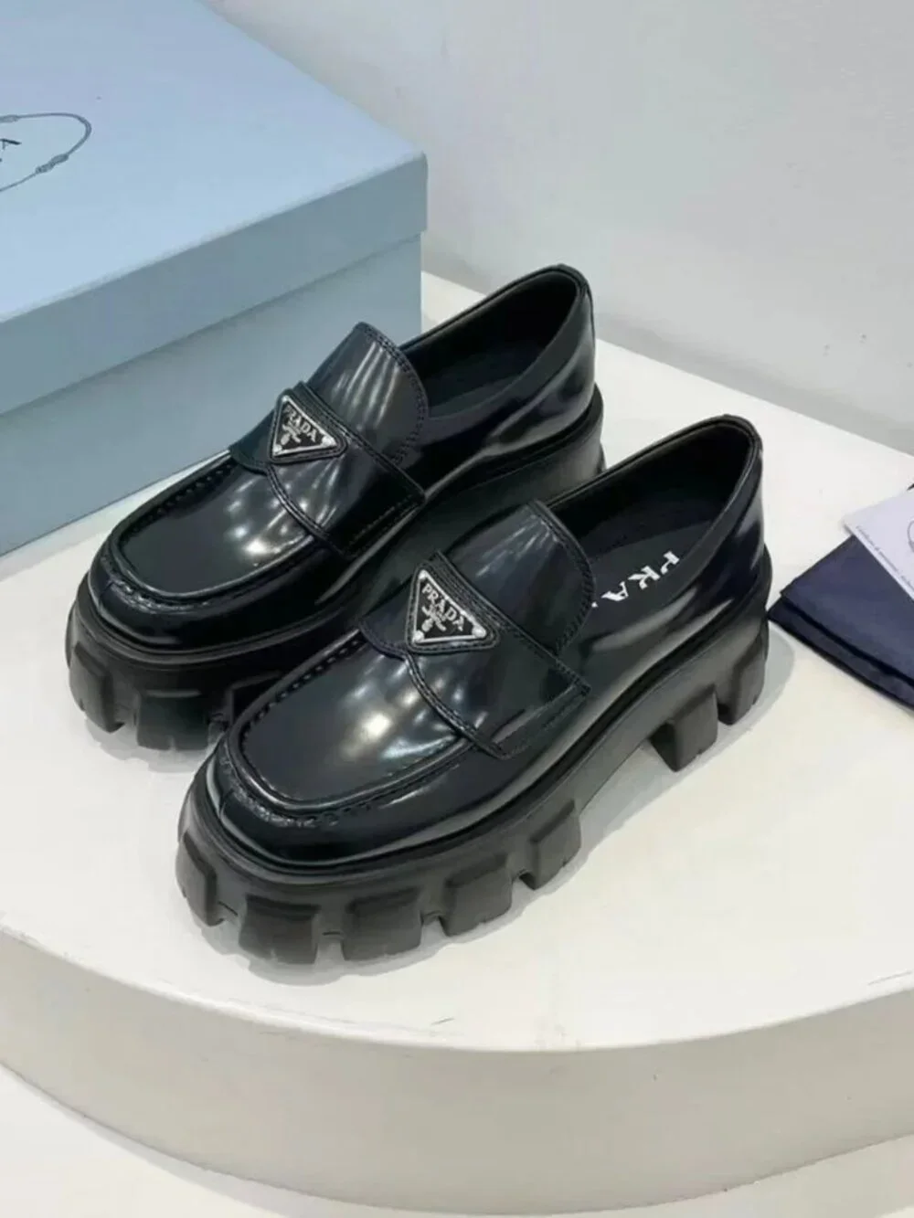 Prada Black Brushed Leather Triangle Logo Lug Sole Platform Loafers
